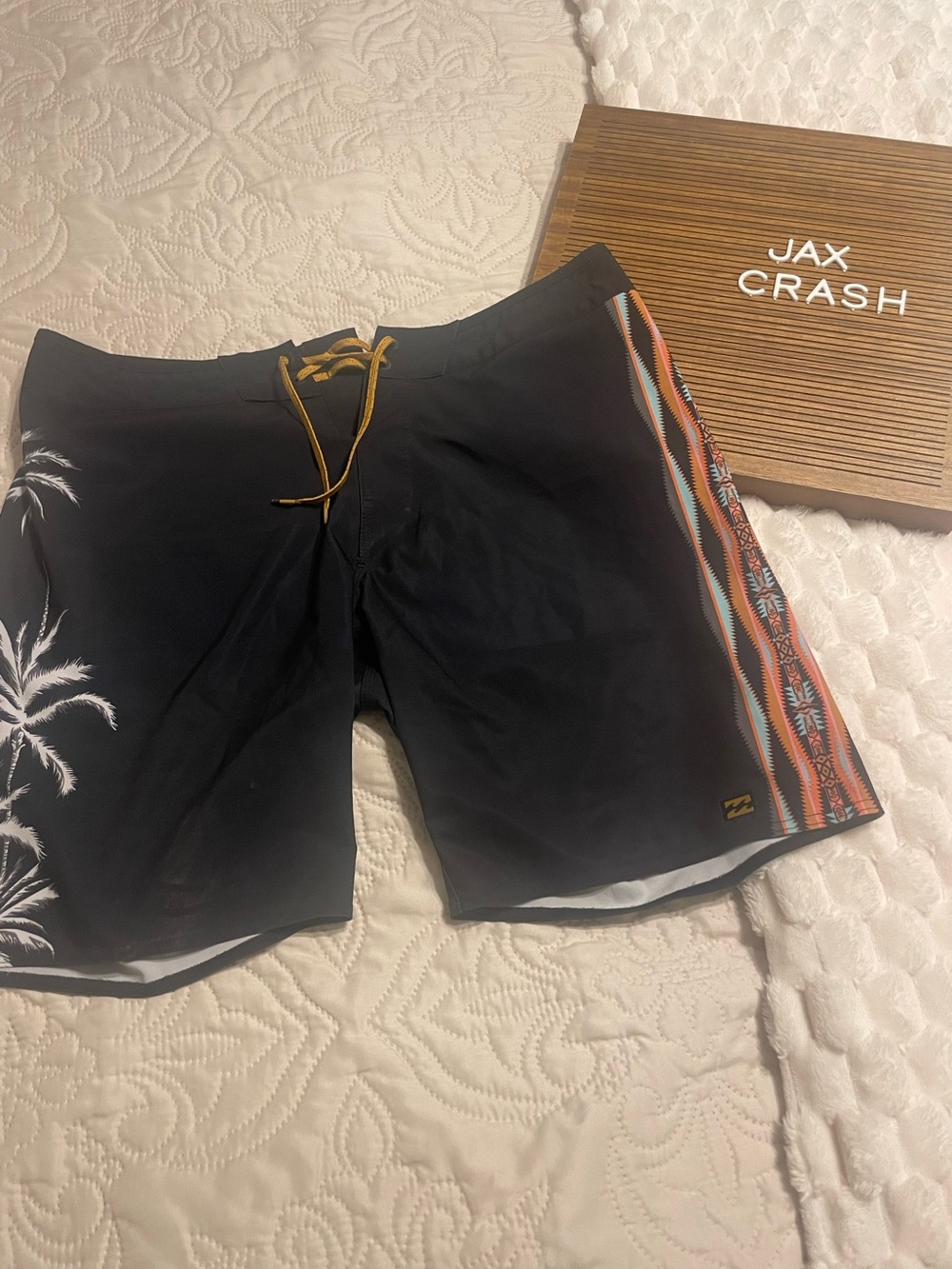 Billabong Black Swim Board Shorts with Aztec Stripe and Palm Print